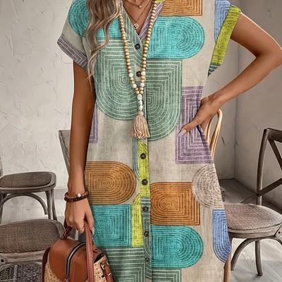 TEMU Women's Casual V-neck Button-up Shirt - Geometric Pattern, Short Sleeve, Lightweight Polyester, Summer Style, Multicolor Patch Design, Fabric, Casual Attir Image