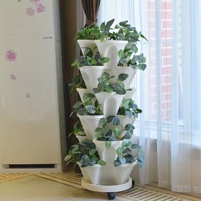 TEMU 6-tier Rolling Plastic Planter With Wheels - Contemporary Design, Multi-layered Planting Box For Vegetables, Strawberries, And Balcony Gardening, Indoor/outdoor Use, Lightweight & Mobil Image