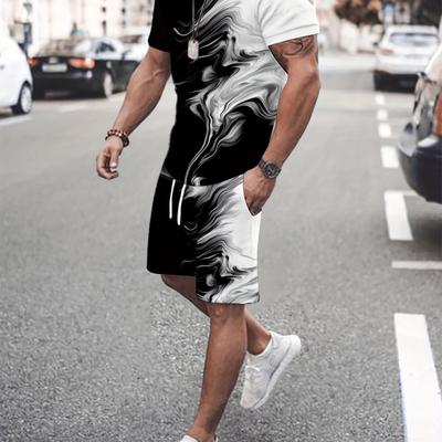 TEMU Men's 2pcs Suit, Casual Crew Neck Short Sleeve And Shorts, 3d Digital Printed Geometric Pattern, Knitted Fabric, Comfortable Summer Workout And Vacation Wear Image