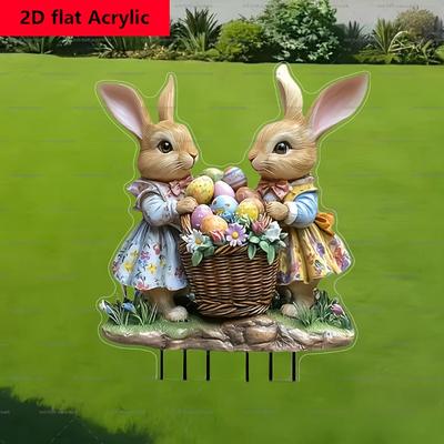 TEMU 2d Flat Acrylic Double Bunny Statue With Basket, Outdoor Lawn And Garden Decoration, No Power Required, No Feathers, Easter Themed Decoration Image