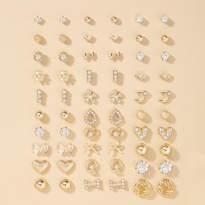 TEMU 60pcs Elegant Stud Earrings Set With Rhinestones - Golden- , Heart, Moon, Bow, Flower Designs In Alloy - Stainless Steel Posts - Ideal For & Gifting, Novelty Earrings Image
