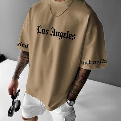 TEMU Men's Los Angeles Graphic T-shirt - Black Casual Crew Neck Short Sleeve Tee With White Letter Print, Drop Shoulder Design For Summer Streetwear Image