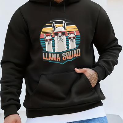TEMU Fashion Llama Squad Print, Men's Casual Hoodie With Drawstring, Comfy Long Sleeve Pullover Hoodie Image