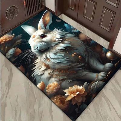 TEMU Rabbit Design Polyester Area Rug - Crystal Velvet Rectangular Carpet For Outdoor, Patio, Bedroom, Kitchen, Hallway - Durable And Soft 100% Polyester Fiber Image