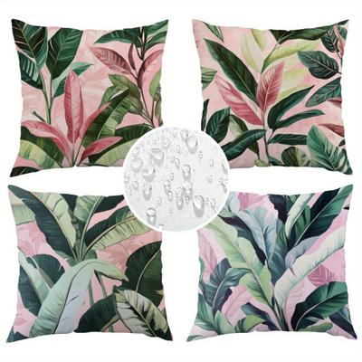 TEMU 4pcs Tropical Leaf Print Outdoor Cushion Covers, Machine Washable With Zipper Closure, And Pink Foliage Design, Summer Patio Decor, Patio Cushions|vibrant Cushion Covers| Covers Image