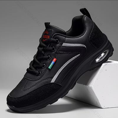 TEMU Aoplus Men's Fashion Running Shoes - Lightweight, Shock-absorbing Sneakers With Air Cushion, Black Pu Upper & Rubber Sole For Training, Running & Sports Image