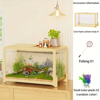 TEMU Modern Clear Rectangular Aquarium With Artificial Water Plants, Acrylic Material, Goldfish And Small Pets, Ideal For Living Room, Balcony, Or Office Decor, | Decorative Fish | Nonelectric Image