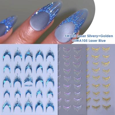 TEMU 3 Sheets Y2k Style Laser Tassel French Nail Decals - Simple Patterns, Glittery & Laser Finish, Self-adhesive Nail Stickers For A Stylish Look, Nail Art Accessories Image