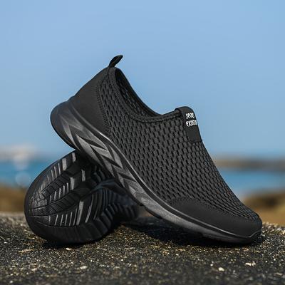 TEMU Men's Breathable Mesh Slip- Shoes - Comfortable Soft Sole Sneakers For Seniors, Black, Lightweight & Supportive Design For Casual Attire, Outdoor Footwear | | Flexible Sole Footwear Image