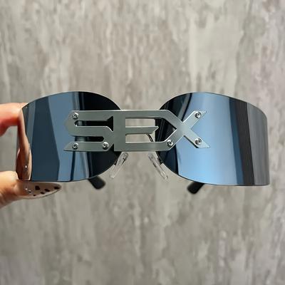 TEMU 1pc, New European And American Cyberpunk Futuristic Technology Frame Metal Letter Black Frameless Windproof And Sunshade Glasses For Men And Women Image