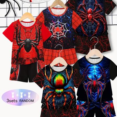 TEMU Issued 3 Sets, Total Of 6pcs, 3d Spider Print Pattern, Short-sleeved Suit For Boys. Hand-cutting, Suitable As Holiday Gifts For Children, Outdoor Image