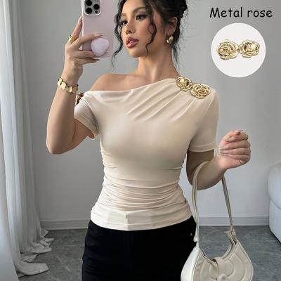 TEMU Women's Elegant Asymmetrical Neckline Short Sleeve T-shirt - Solid Color, Polyester, Knit Fabric, Spring/summer, Chic Collar Design, Short Sleeve Blouse Image