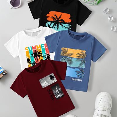 TEMU 4pcs Boys' Tree Graphic T-shirts - Lightweight, Breathable Polyester, Casual Summer Short Sleeve Tees For Daily & Outdoor Wear, Sizes For To Teen Image