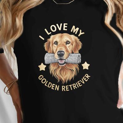 TEMU Golden Retriever With Towel Print T-shirt, Short Sleeve Crew Neck Casual Top For Summer & Spring, Women's Clothing Image