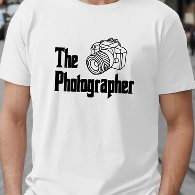 TEMU Plus Size Men's 'the Photographer' Graphic Tee - Casual Short Sleeve T-shirt For Summer, Breathable Polyester, Machine Washable, Plus Size Image