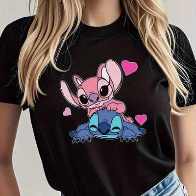 TEMU Women's Stitch & Graphic Tee - Black, Moisture-wicking Cotton, Relaxed Crew Neck, Short Sleeve, Cartoon Design With Hearts | Work, Valentine's Day, Or Gift Idea Image