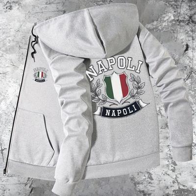 TEMU Men's Trendy Napoli Print Hooded Jacket - High-quality Slim Fit Stand Collar, Zip-up Casual Coat With Pockets, Fall/winter, Jacket Hoodie Image