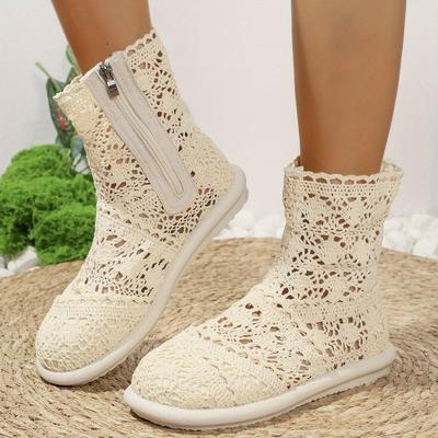 TEMU Women's Lace-up Ankle Boots With Cut-out Lace Detailing - Breathable Fabric Round Toe Flat Sole Zipper Closure, Elegant Casual & Dressy Shoes For Women Image