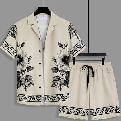 TEMU Men's Suit Summer Suit Collar Short Sleeve Positioning Flower Open Button Top Drawstring Shorts Casual Two-piece Set Image