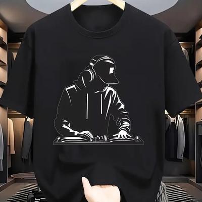TEMU Men's Casual Crew Neck T-shirt, Polyester Knit Fabric, Regular Fit, Short Sleeve Tee With Stretch, With Dj , For Summer Adult Fashion Top Image
