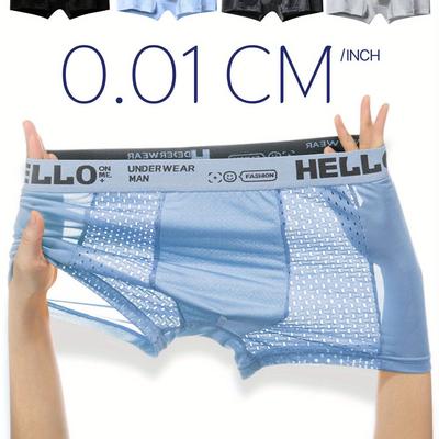 TEMU 4-pack Men's Hello Waistband Ice Fiber Fabric Comfortable Trendy Mesh Breathable Boxer Briefs In Black, Dark Grey, Light Grey, Sky Blue Image