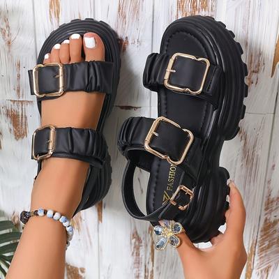 TEMU Of Women's Summer Sports Sandals, Solid Color Fabric Upper, Synthetic Sole, Open Toe Thick Heel, Adjustable Strap, Casual Image