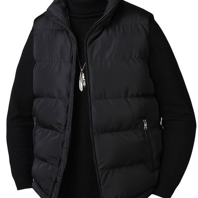 TEMU Obm Men's Lightweight Padded Vest - Casual Black Zip-up Sleeveless Jacket With Ribbed Detail, Ideal For Outdoor Fishing & Hiking, Spring/fall Wear Image
