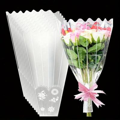 TEMU 10pcs Flower Bags For Bouquet Plastic Transparent Floral Wrapping Bags 11 X 17 Inch Clear Bouquet Sleeves Bulk With Lace Decor Disposable Flower Packaging For Flower Shop Image