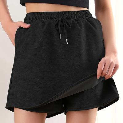 TEMU Women' Grey Casual Athletic Shorts With Pockets - Elastic Waist Drawstring, Breathable Workout & Training Shorts, Machine Washable Gym Wear, Workout Shorts, Solid , Smooth Texture Image