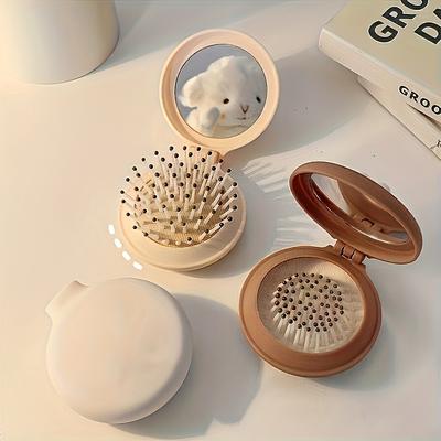 TEMU 1 Multicolor Portable Folding Hair Brush With Built-in Mirror, Scalp Massage Comb, Air Cushion, Suitable For Travel, Drying Hair Use Plastic Brush, Abs Plastic Handle Image