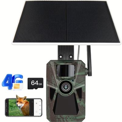 TEMU 4g Trail Camera Solar Trail Cameras With Motion Activated - 0.2s Camera With No Glow Infrared Leds For Wildlife Hunting Deer - Night Camera With 64gb Sd Card Image