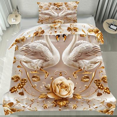 TEMU 2/3pcs Swan Duvet Cover Set, Romantic White And Golden Rose Pattern, 1 Duvet Cover And 2 Pillowcases, Lightweight, Fade Resistant, , With Zipper Closure, Machine Washable, For Bedding Image