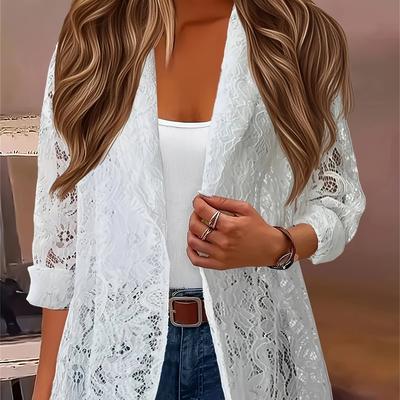 TEMU Plus Size Women's Lightweight Lace-trimmed Cardigan Jacket - Elegant Sheer Sleeve Spring/summer Cover-up, Machine Washable For Casual & Resort Wear, Spring Coverup, Collar, Sophisticated Texture Image