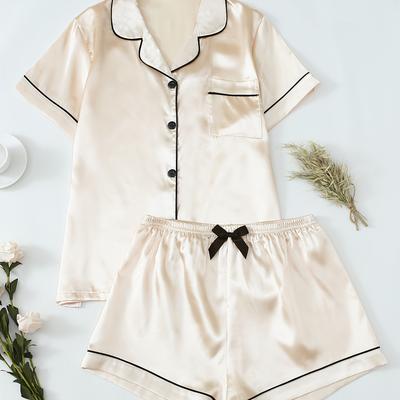 TEMU Women's Fashionable Apricot Ice Fiber Fabric Short Sleeve Shorts Simple Pajama Set Image
