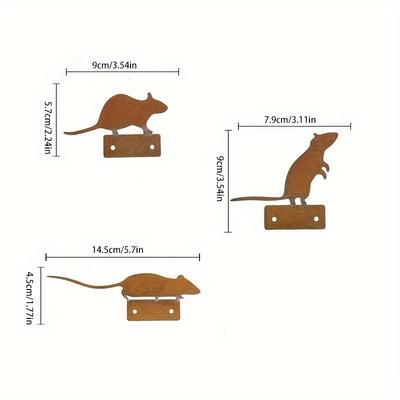 TEMU 3pcs Rustic Metal Mouse Sculptures, Outdoor Metal Decorations, Wall Decorations, For Outdoor Farmhouse Decoration Image