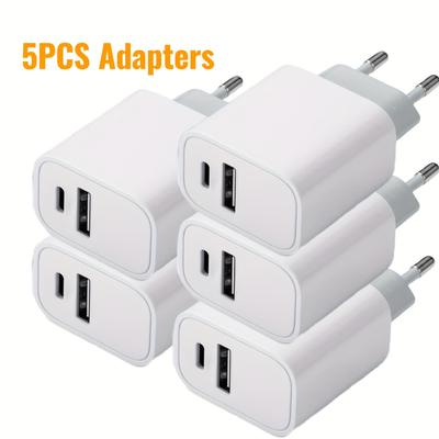 TEMU [pack Of 5] 2 Ports Usb A & Type C Charger, 5v2a Charging Adapter, Charging With Usb Type C Usb A Cable, European Standard Plug, Supply Image