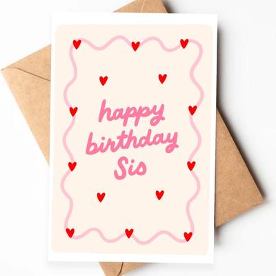 "TEMU 1pc Funny Wavy Hearts Birthday Card For Sister - "happy Birthday Sis" Design With Pink Lettering & Red Hearts, Perfect Spring Birthday Gift, Ideal For Birthdays, , New Year, Luck Wishes" Image