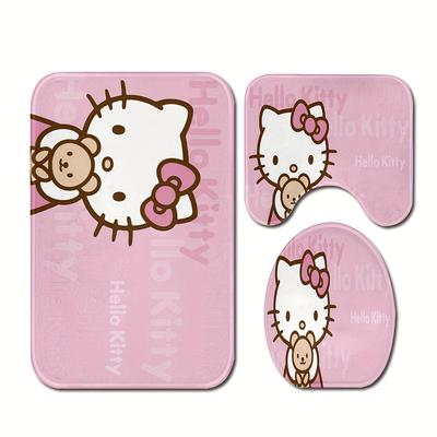 TEMU 3pcs Hello Kitty Pattern Printed Bathroom Mats Set Includes Non-slip Floor Mat, Toilet Seat Cover, Bathroom Mat And Bathroom Accessories, Home Decor Image