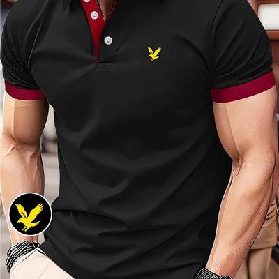 TEMU Men's Summer Casual Shirt - Geometric Pattern, Polyester Knit Fabric With Stretch, Regular Fit, Lapel Collar, Button Details, 210g/m² - Fashionable Short Sleeve With Contrast Image