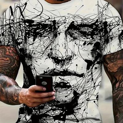 TEMU Men's Creative Face Print T-shirt For Summer, A Short-sleeve Tee Style. Image