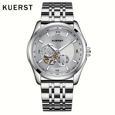 TEMU Kuerst Stainless Steel Automatic Mechanical Watch, 3d Artistic Hollow Dial, Dual Subdials, Business , Self-winding, Alloy Case, White Strap, No Battery - Mardi Gras, Thanksgiving, Christmas Gift Image