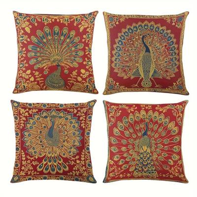 TEMU 4-pack Bohemian Style Red Pillow Covers, Linen Fabric, Geometric Pattern, Colors, Zipper Closure, Machine Washable, For Home & Party Decor, Assorted Sizes Image