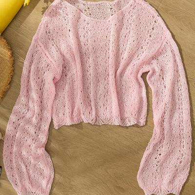 TEMU Women's Sexy Lace Pullover Sweater - Long Sleeve, Hollow Neck, High Stretch Knit Top For Beach & Casual Wear, Summer Casual Wear|lace Knit Top|stretchy Fabric Image