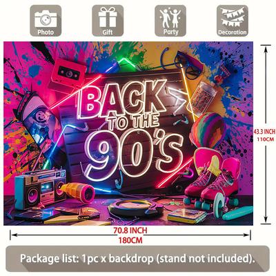 TEMU 1pc Retro 90's Polyester Party Banner - 75g/m² Wall Decor For All , Vibrant Decoration, Spring/summer/fall/ Supplies, 90's Themed Photo Backdrop Image