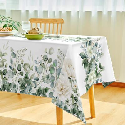 TEMU A Rectangular Tablecloth And Summer Eucalyptus Green With Floral And Leaf Patterns, Washable And Suitable For Parties, Picnics, And Everyday Use. Image