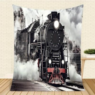 TEMU 1pc Steam Train Print Blanket, Flannel Blanket, Soft Warm Throw Blanket Nap Blanket For Couch Sofa Office Bed Office Camping Travelling, Multi-purpose Blanket Gift For All Season Image