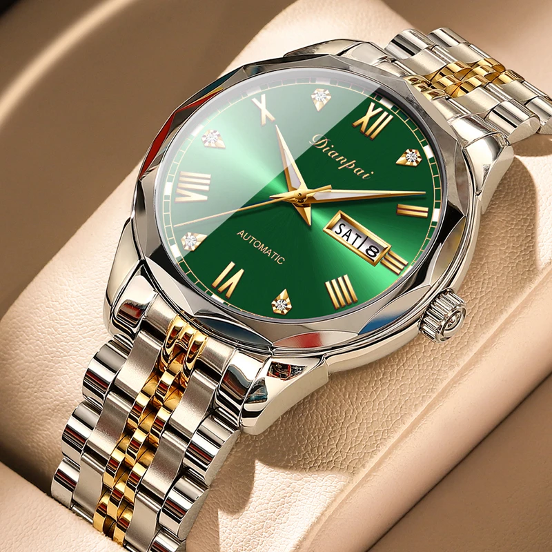 Dianpai Herren-Armbanduhr, vollautomatisch, mechanisch, Edelstahl, Wochenkalender, Herren-Nachtlicht, wasserdicht, modisch Image