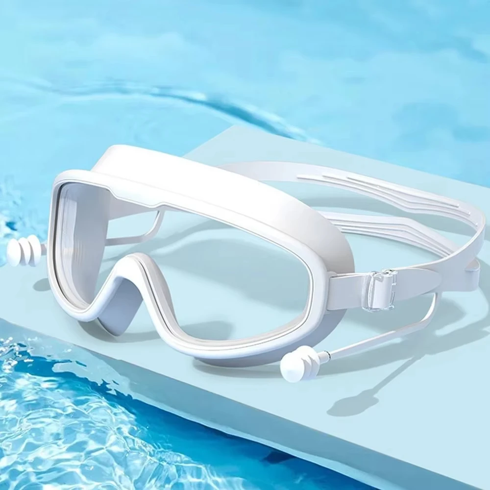 DIZETION Kinder-Schwimmbrille mit großem Rahmen und Ohrstöpseln, Antibeschlag-Schwimmbrille für Kinder, Jungen und Mädchen, Pool, Strandbrille Image