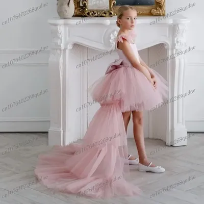 Rosa Tüll abnehmbarer Schwanz Blumenmädchenkleider Prinzessin Kleid Erstkommunion besondere Anlässe Image