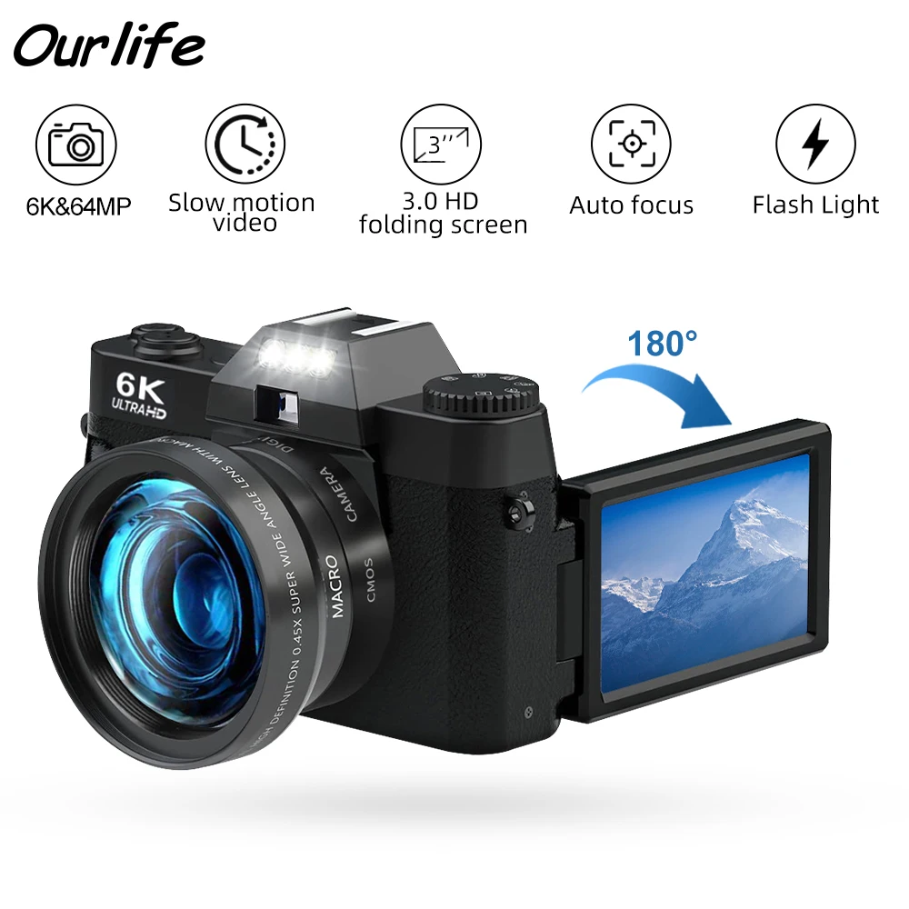 6K-Digitalfotografiekamera, 16-facher Digitalzoom, 64 MP, Vintage-Vlog-Videorecorder, YouTube 180 ° WiFi-Webcam mit Flip-Screen und Blitz Image